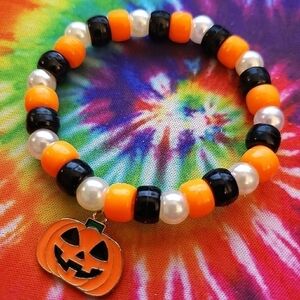 Handmade Black and Orange Halloween Pumpkin Pearl Kandi Bracelet